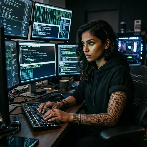 Enigmatic Hacker Character with Intricate Tattoos