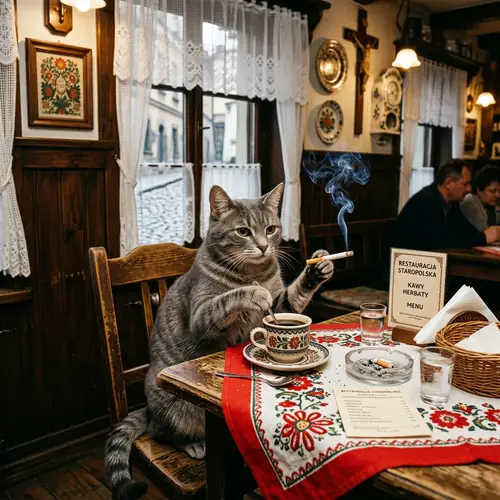 Anthropomorphic Gray Cat in Traditional Polish Restaurant