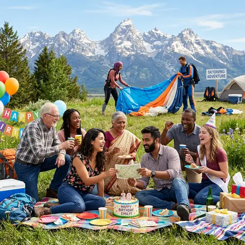 Lively Outdoor Birthday Party with Diverse Friends and Skydiving Fun