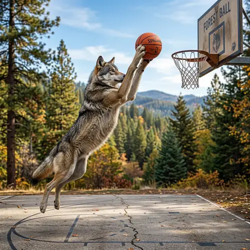 Grey Wolf Three-Pointer Basketball Shot in Scenic Forest