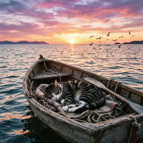Serene Cat Dreaming on Boat in Sunlit Ocean