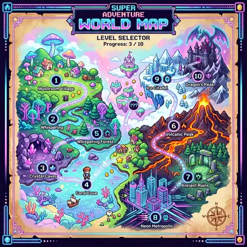 Vibrant Level Selector Map Inspired by Retro Games