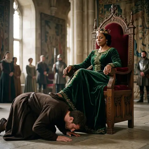 Regal Woman on Throne with Submissive Figure