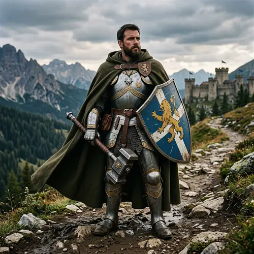 Human Paladin with Shield & Warhammer in Cloak