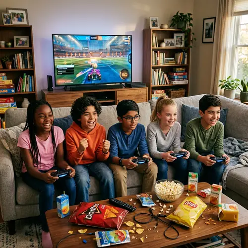 Kids at Home Having Fun Playing PS4 Together