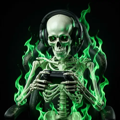Skeletal Gaming Figure Amid Green Flames