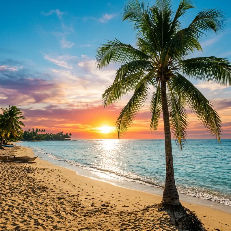 Serene Beach Scene with Palm Tree and Blue Sky