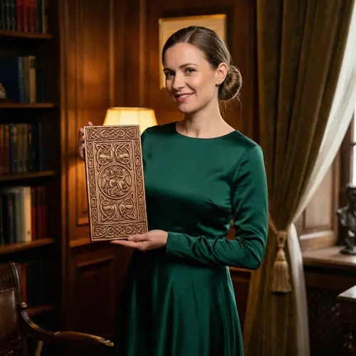 Elegant American Woman with Wooden Carving