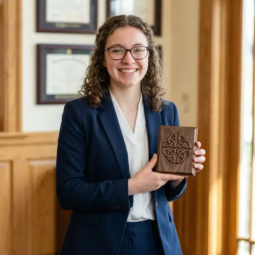 Teen American Woman in Formal Suit with Wooden Carving