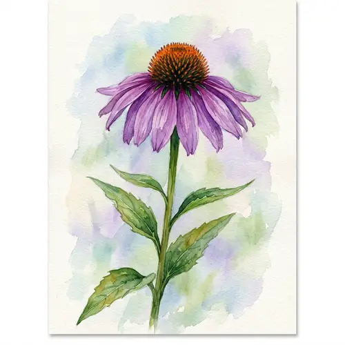 Vibrant Watercolour Purple Coneflower Art