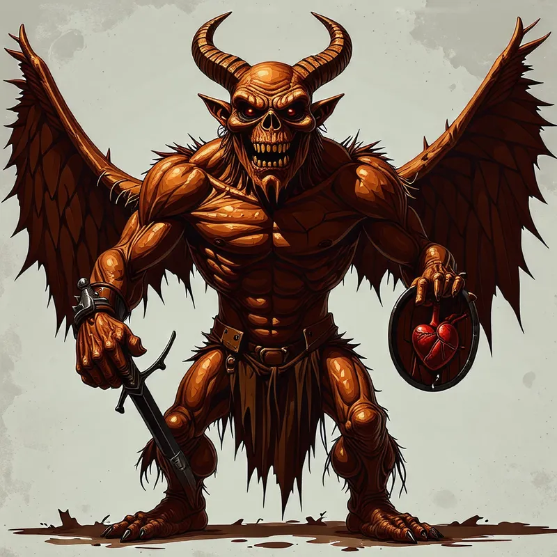 Brown-Orange Zombie Monster with Wings, Horns, Sword & Shield Brown-Orange Zombie Monster with Wings, Horns, Sword & Shield