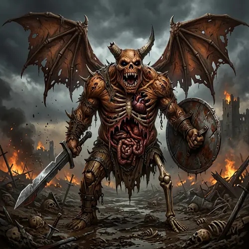 Brown-Orange Zombie Monster with Wings, Horns, Sword & Shield