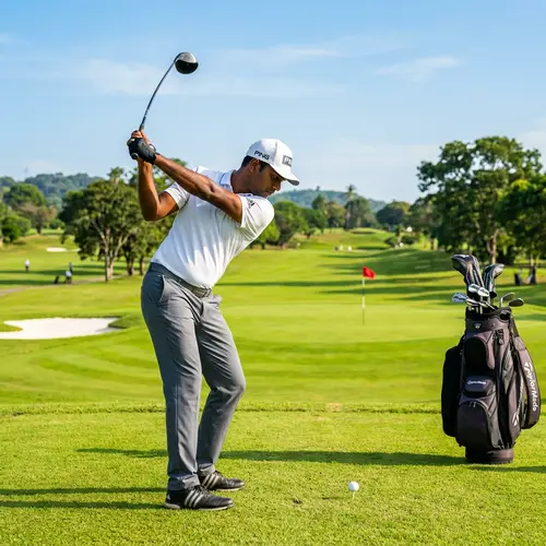 South Asian Male Golfer Swinging Club on Sunny Day