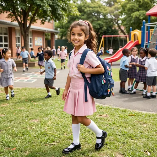 Adorable Middle-Eastern Schoolgirl in Pink Uniform | Excitement for Learning