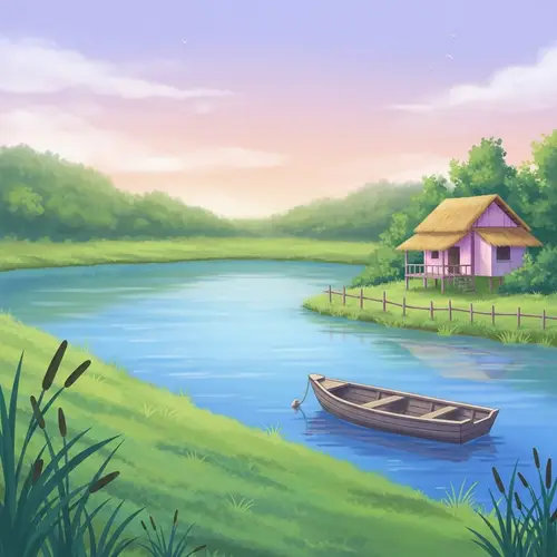 Pastel Landscape with Blue Lake and Fishing Boat