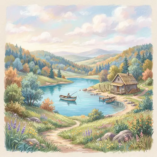 Pastel Landscape with Blue Lake and Fishing Boat