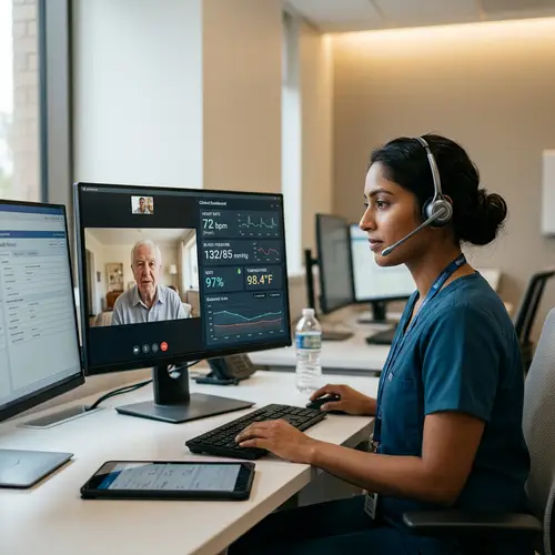 South Asian Female Nurse in Telehealth Session with Virtual Patient Monitoring