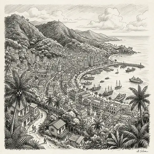 Tropical City Landscape Pencil Drawing
