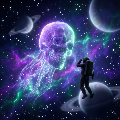 Surreal Space Scene: Bioluminescent Octoskull & Astronaut