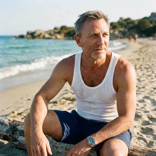 Daniel Craig at the Beach in a White Tank Top
