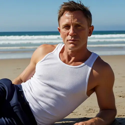 Daniel Craig at the Beach in a White Tank Top