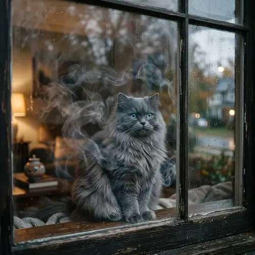 Majestic Grey Persian Cat Behind Translucent Glass