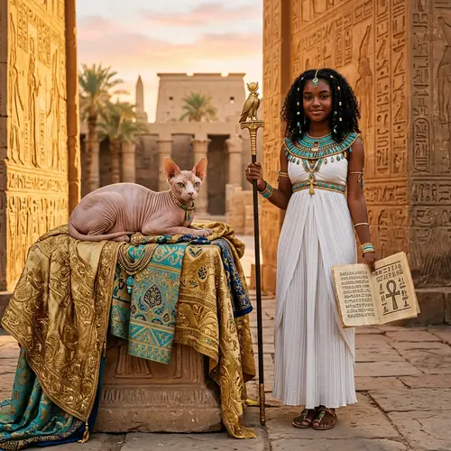 Sphinx Cat and Egyptian Girl | Ancient Egyptian Scene