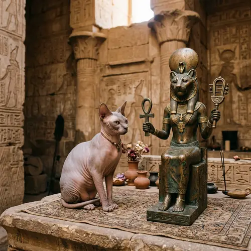 Sphinx Cat Beside Bastet: Ancient Egyptian Deity Statue Scene
