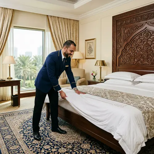 Middle-Eastern Hotelier Adjusting Bed in Elegant Room