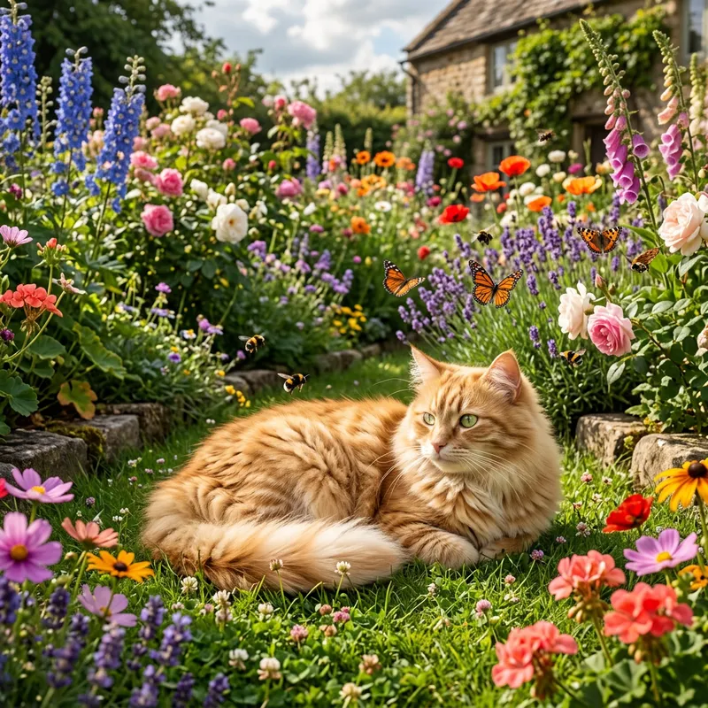 Playful Cat Relaxing in Colorful Garden