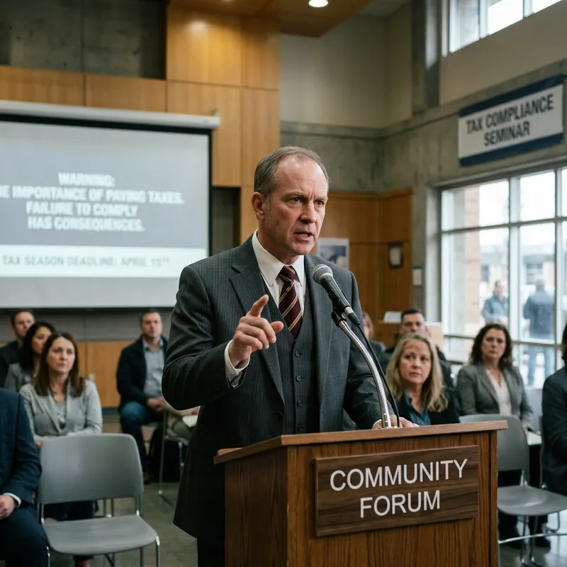 Man Delivering Tax Payment Warning in Building