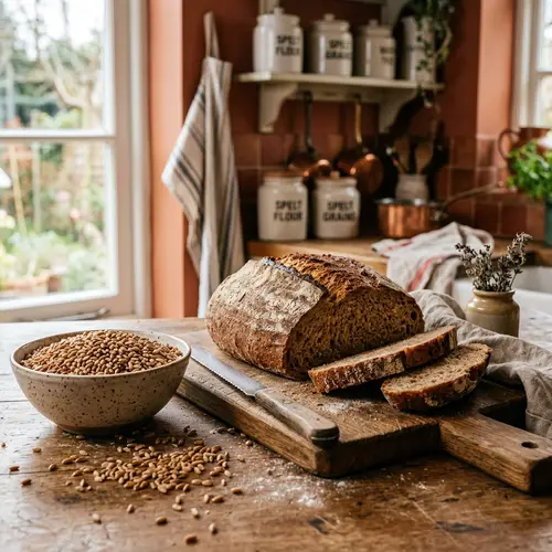 Fresh Spelt Bread and Grain in a Cozy Kitchen