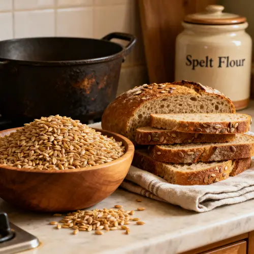 Fresh Spelt Bread and Grain in a Cozy Kitchen