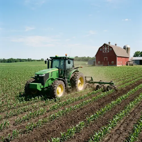 Green Tractor in Vast Field with Red Barn | Farm Equipment Scene