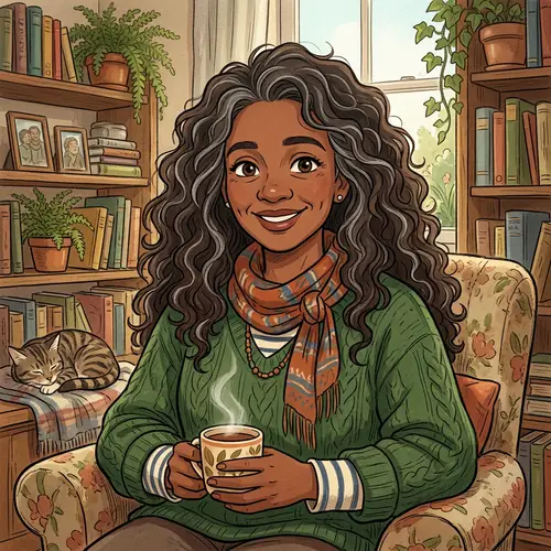 Cartoon Style Mid 30s Woman with Dark Brown Curly Hair