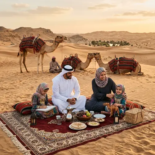 Middle-Eastern Family Picnic in Desert with Camels - Exotic Scene