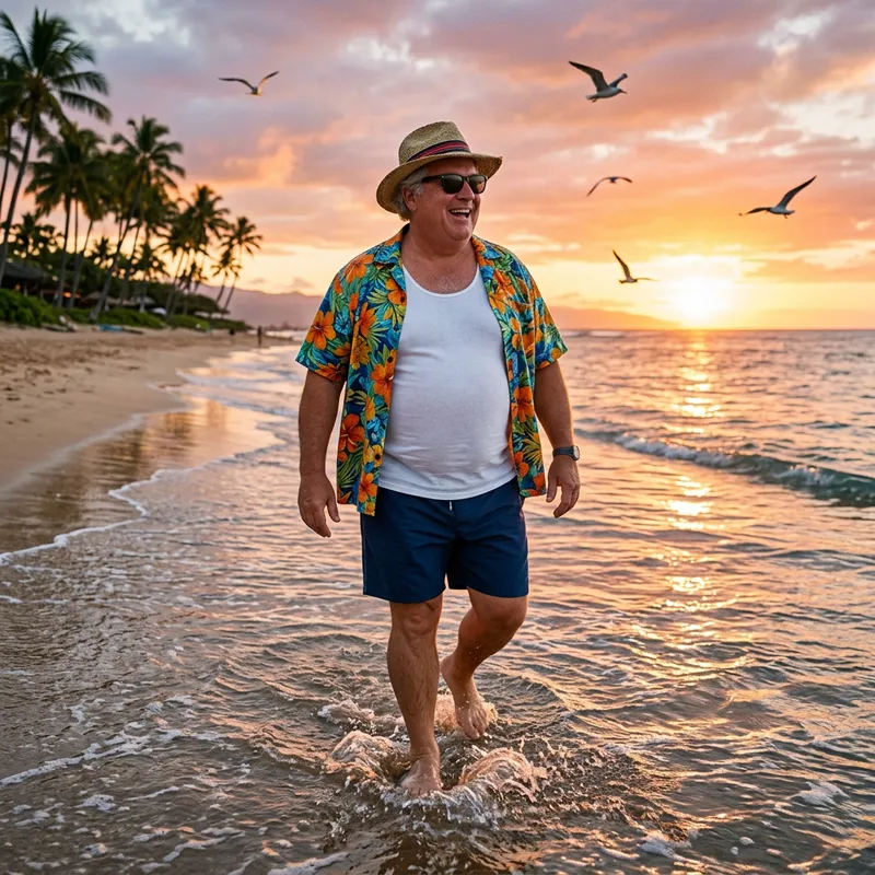Fat Man Enjoying Beach Sunset in Hawaiian Attire