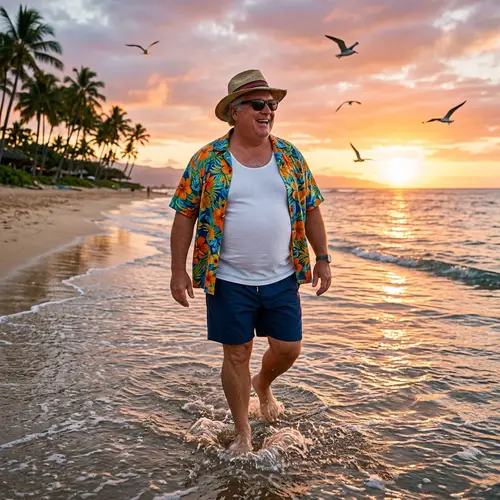 Smiling Heavyweight Man in Hawaiian Shirt at Beach