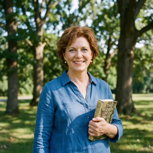 Caucasian Woman in Park with Auburn Hair and Blue Blouse