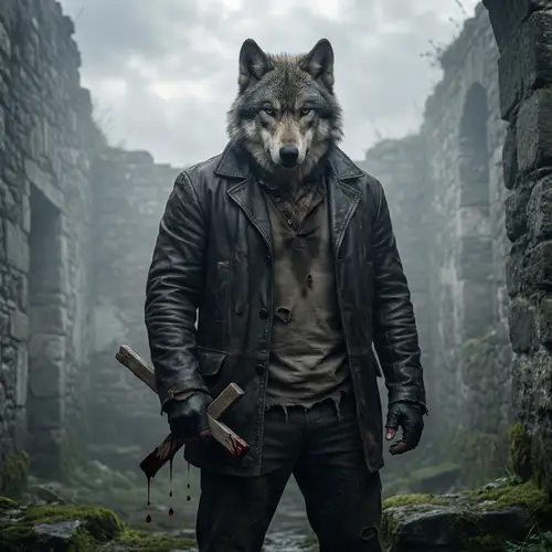 Muscular Wolf-Headed Man Holding Cross with Blood Dripping