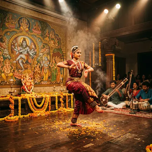 Traditional Bharatanatyam Dance Performance on Marigold-Filled Stage
