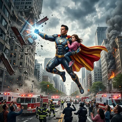 Powerful Superhero in Modern City at Sunset