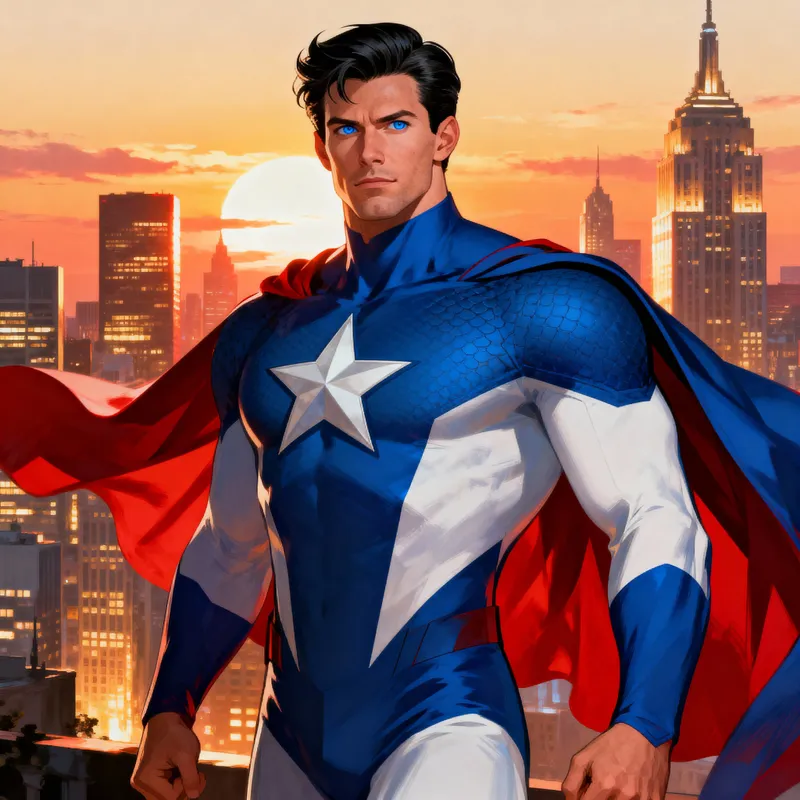 Powerful Superhero in Modern City at Sunset