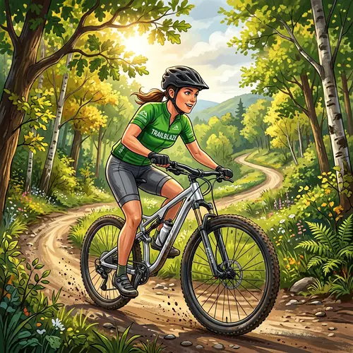 Athletic Cyclist in Green Jersey Riding Silver Mountain Bike