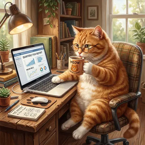 Charming Chonker Cat Working on Laptop Art