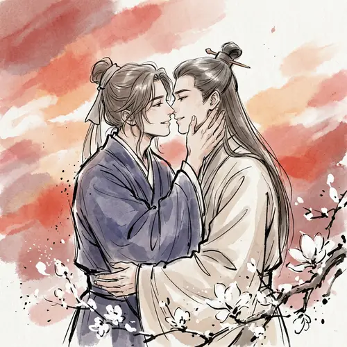 Romantic Love Scene Between Two Long-Haired Men in Ancient China