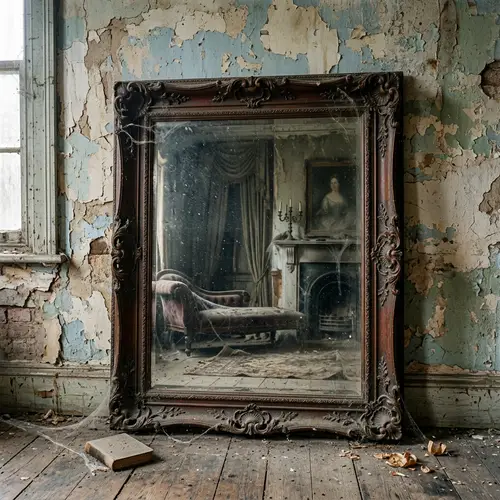Vintage Mirror Against Worn-out Wall: Eerie Reflection