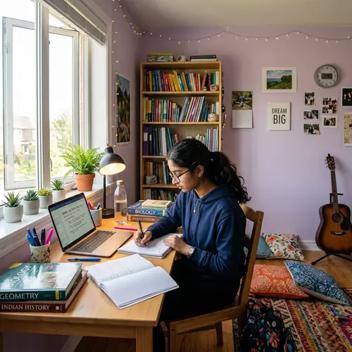 Teen Girl Studying in Colorful Room with Desk Lamp, Laptop, and Guitar