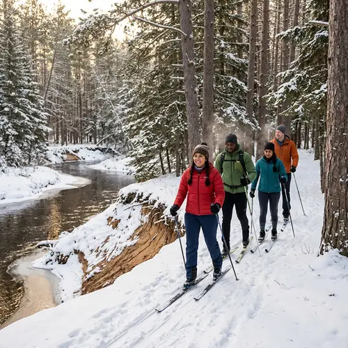 Diverse Skiers Journey Through Tranquil Pine Forest