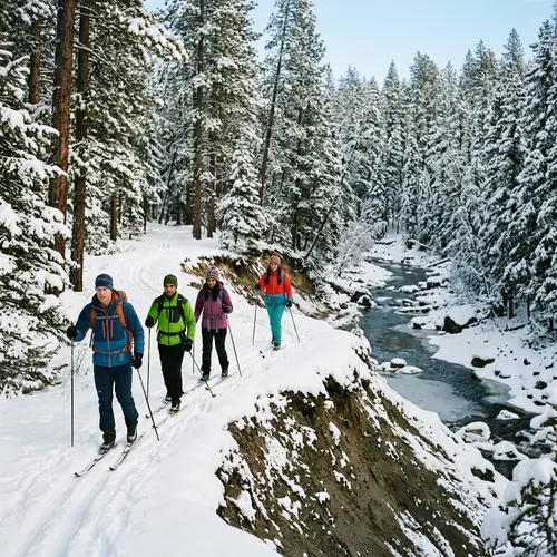 Tranquil Winter Skiing Adventure in Pine Forest by River